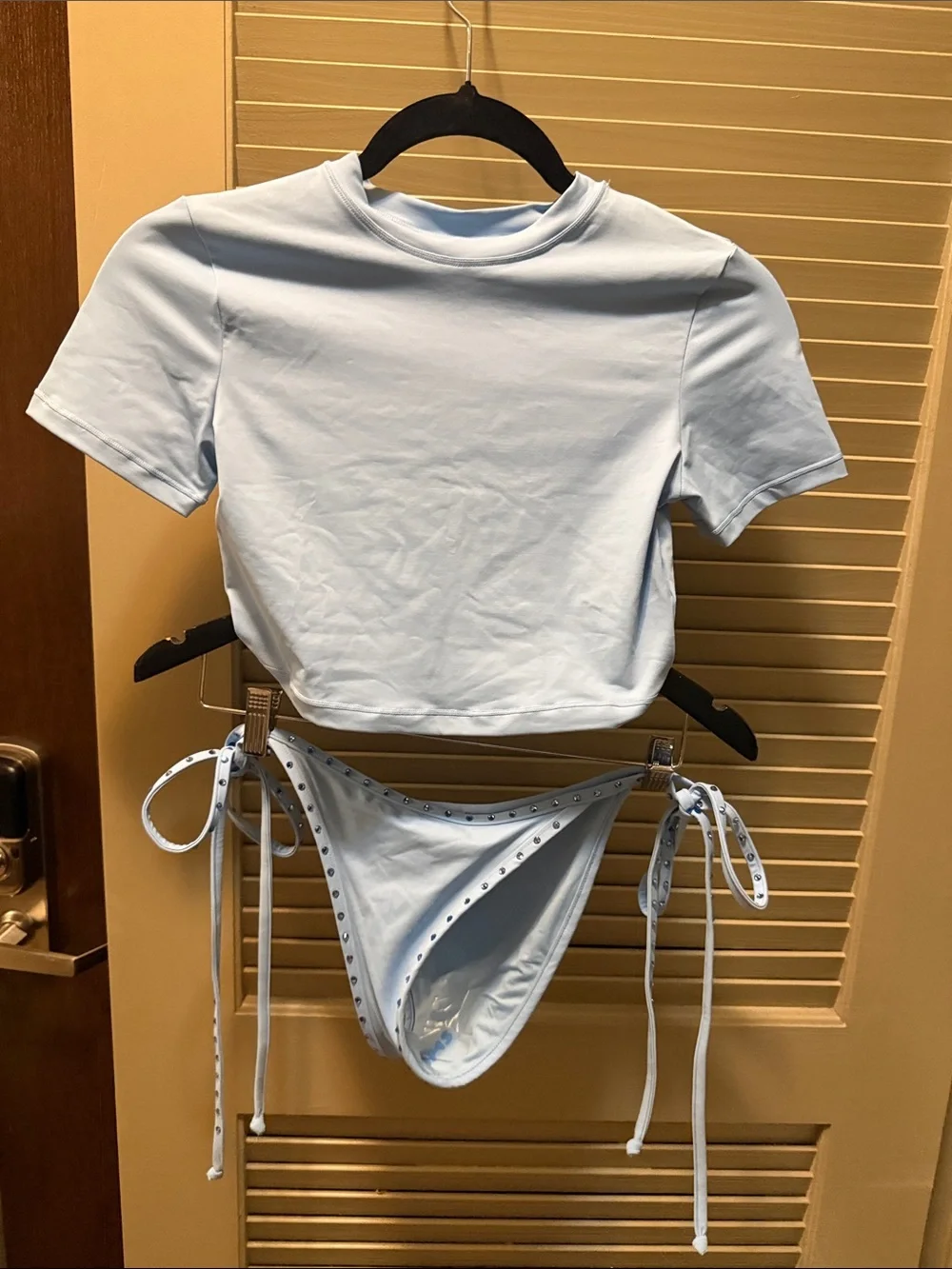 SKIMS Light Blue Two-Piece Bikini Set with Crop T-Shirt Top